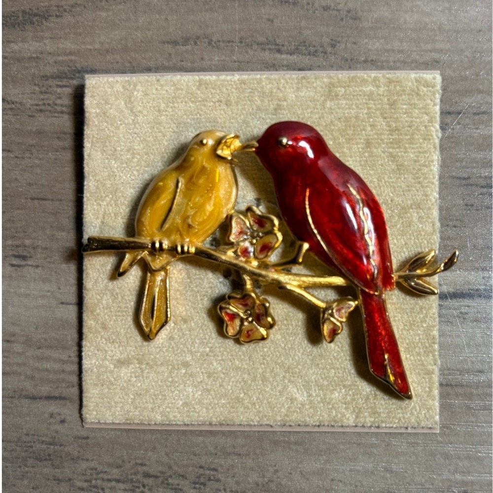 NEW Lovebirds Branch Brooch Red Yellow Enamel